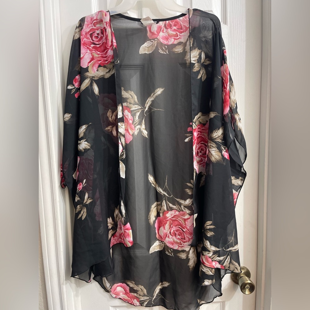 Fashion Nova Sheer Kimono with Pink Floral Accents